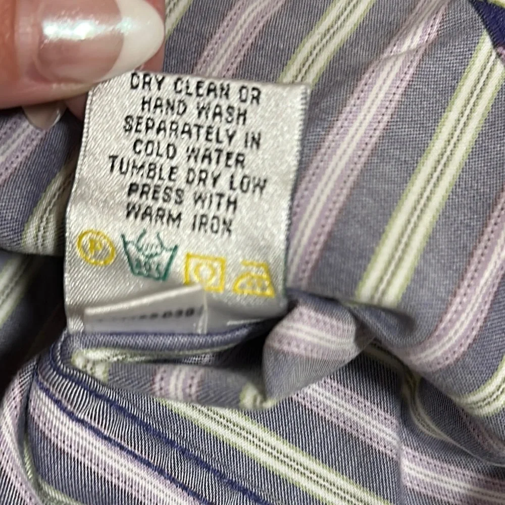 Bugatchi Uomo Shirt Mens L Purple Green White Striped Button Down Flip Cuff